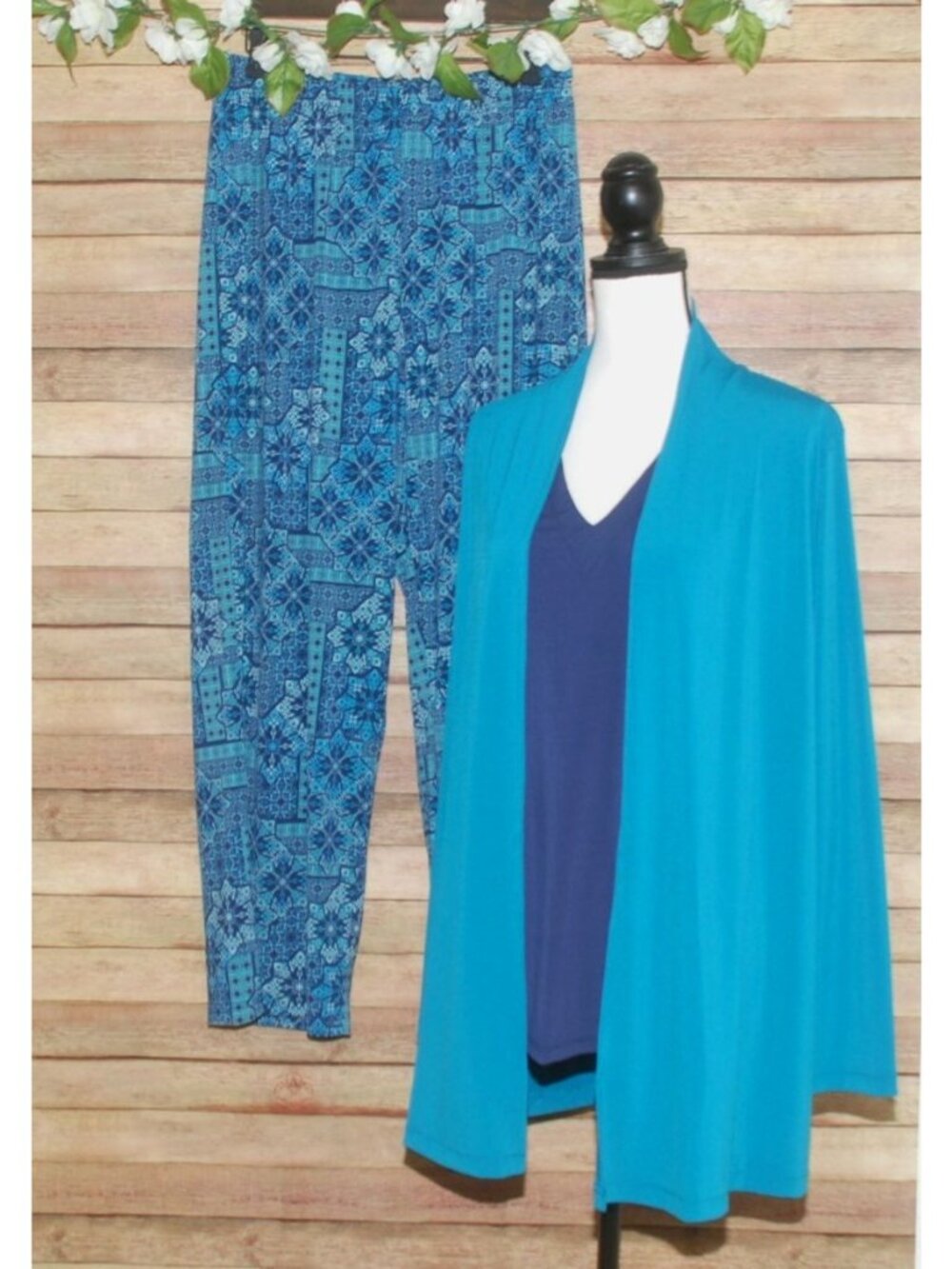 Roaman's Denim 24/7 3 Piece Lot Lounge Set Size L Pants Top Cardigan Blue Comfy